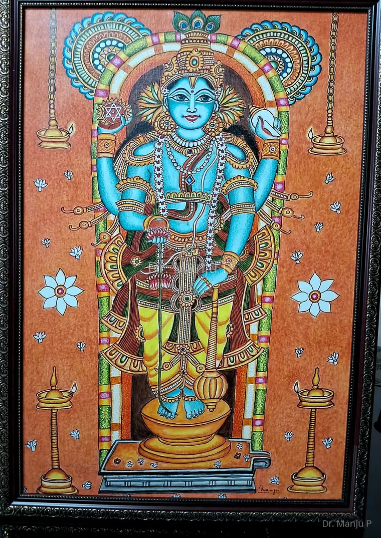 Sree Guruvayurappan Between the Lamps — Kerala mural painting on canvas by Dr. Manju P: The standing Lord framed by a ceremonial arch and temple lamps