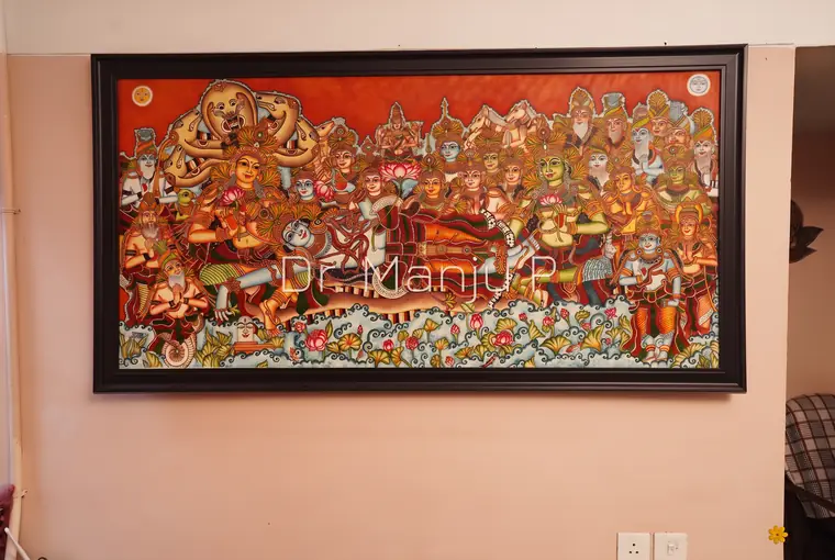 Anantasayanam — The Cosmic Repose — Kerala mural detail: The finished mural framed and hung — 72 x 36 inches