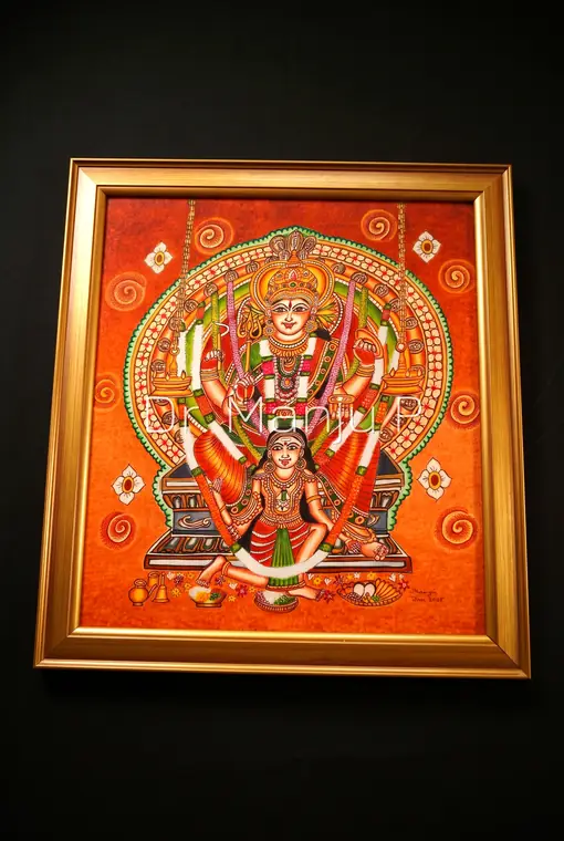 ATTUKAL DEVI -the mural picture — Kerala mural painting on canvas by Dr. Manju P: The many-armed goddess above her seated attendant, ringed by a flowered prabhavali