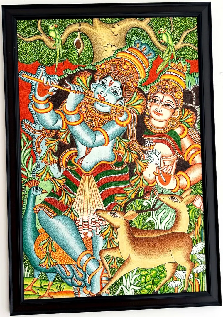 Lord Sree Krishna and Radha in the Grove — Kerala mural painting on canvas by Dr. Manju P: The flute sounded under the banyan canopy, with the peacock and the doe listening