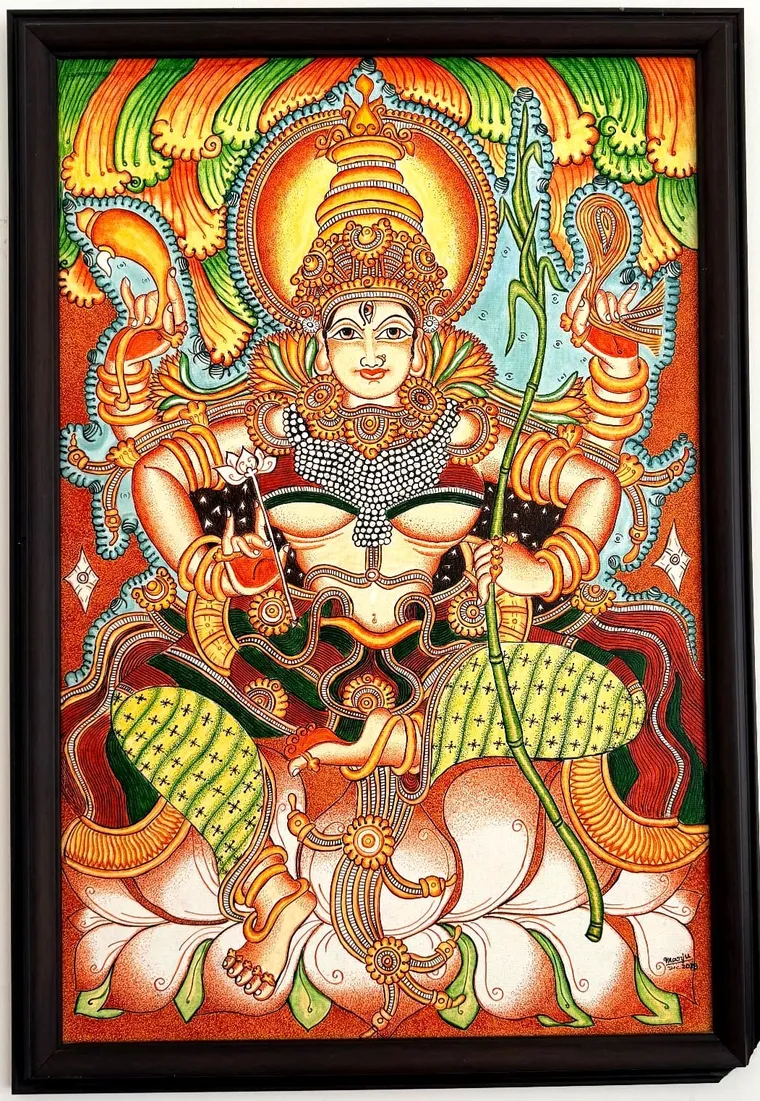 Devi with the Sugarcane Bow — Kerala mural painting on canvas by Dr. Manju P: The four-armed goddess sitting on a full bloomed lotus, with a sugarcane bow on one hand .