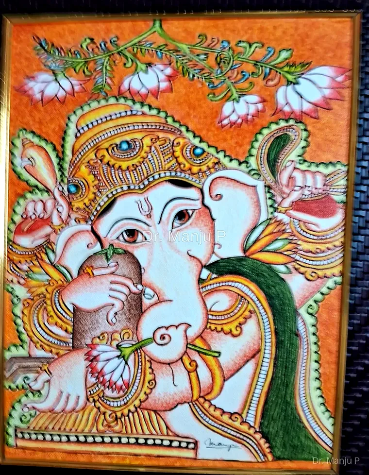 Lord Ganesha with Shiv Linga — Kerala mural painting on canvas by Dr. Manju P: An intimate devotional portrait framed by lotus blossoms