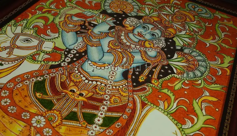 SREEKRISHNA and the Cow — Kerala mural detail: Detail — the flute hands, the peacock-feather crown and the cow's listening face
