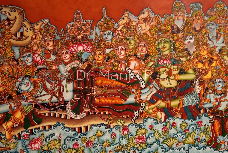 Anantasayanam — The Cosmic Repose — Kerala mural detail: Centre in high resolution — the  Lord reclines, the lotus rising from his navel and the pond below
