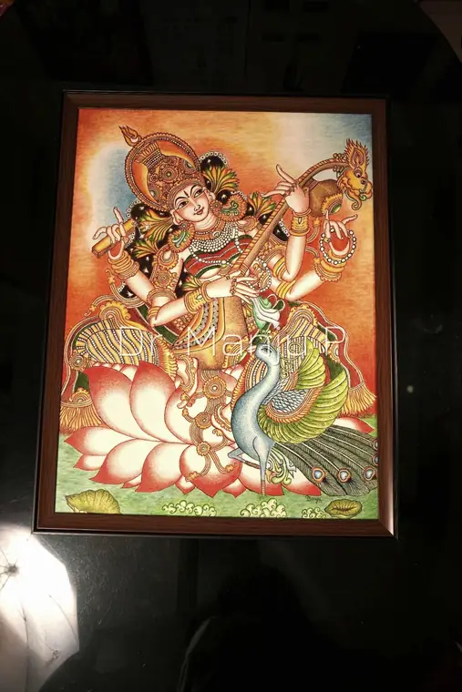 Saraswati on the Lotus — Kerala mural detail: The finished panel in its walnut frame, seen straight on