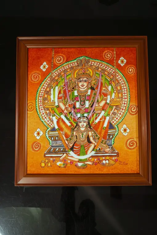 ATTUKAL DEVI -the mural picture — Kerala mural detail: The finished work framed in polished teak, seen straight on