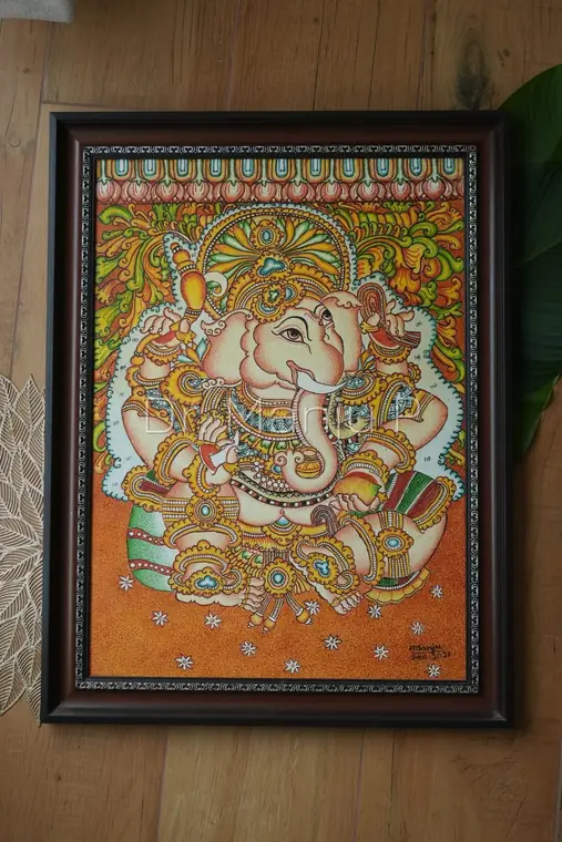 Ganapati  — Kerala mural painting on canvas by Dr. Manju P: The reclining elephant-faced Lord in full ornament against a stippled orange ground