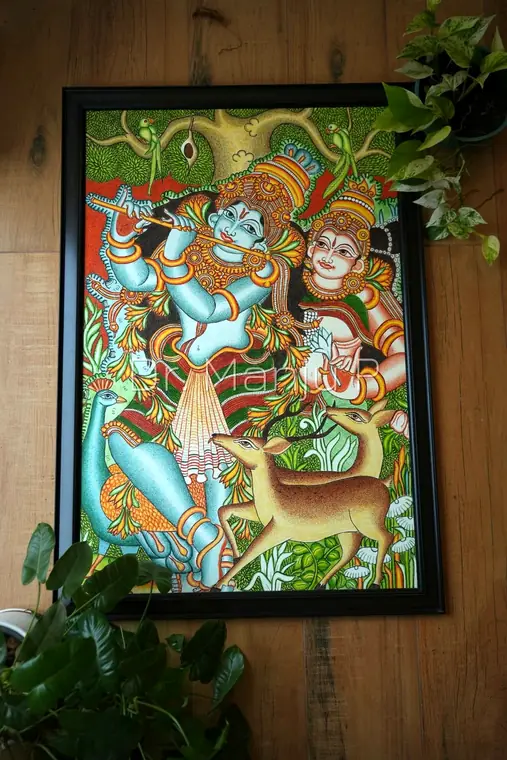 Krishna and Radha in the Grove — Kerala mural painting on canvas by Dr. Manju P: The flute sounded under the banyan canopy, with the peacock and the doe listening