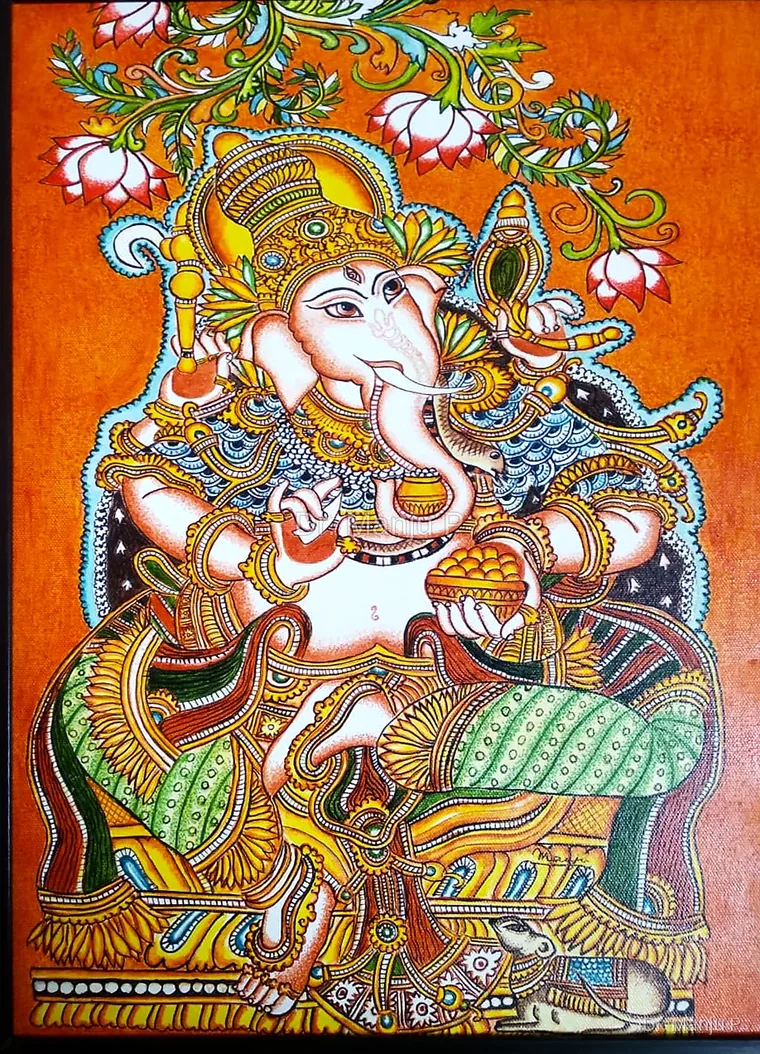 Lord Ganesha Beneath the Lotus Vine — Kerala mural painting on canvas by Dr. Manju P: The richly ornamented Lord  Ganesha seated beneath a flowering canopy