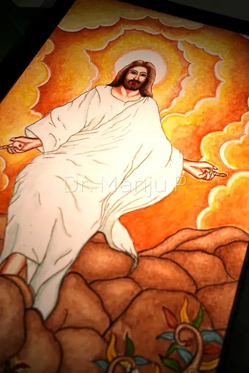 Christ Upon the Rock — Kerala mural detail: Closer view under lamplight — the face, the beard drawn hair by hair, and the two blessing hands