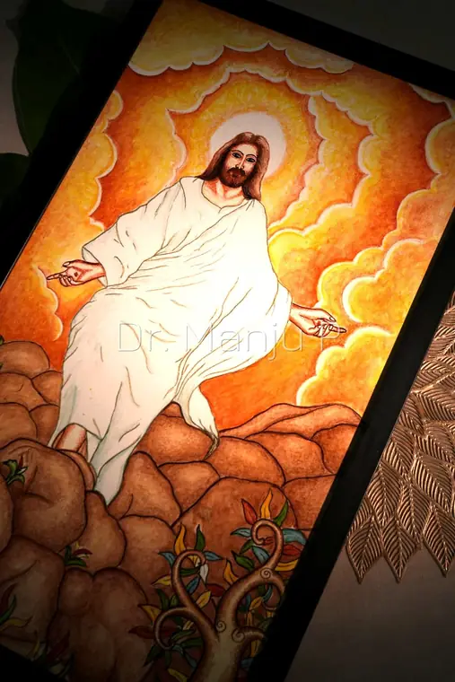 Christ Upon the Rock — Kerala mural painting on canvas by Dr. Manju P: The risen Lord in white, standing against a sunburst of cloud in mural line
