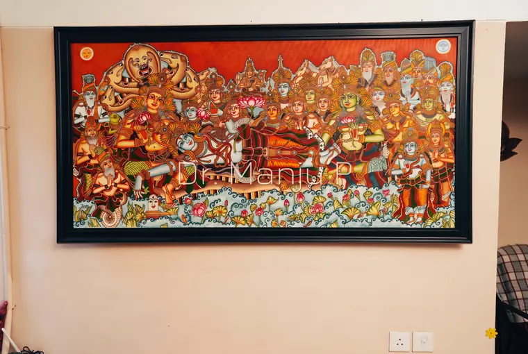 Anantasayanam — The Cosmic Repose — Kerala mural painting on canvas by Dr. Manju P: Vishnu reclining on Ananta, attended by the gathered devas