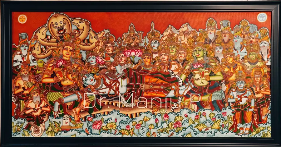 Anantasayanam — The Cosmic Repose — Kerala mural painting on canvas by Dr. Manju P: Lord Mahavishnu reclining on Ananta, attended by the gathered devas