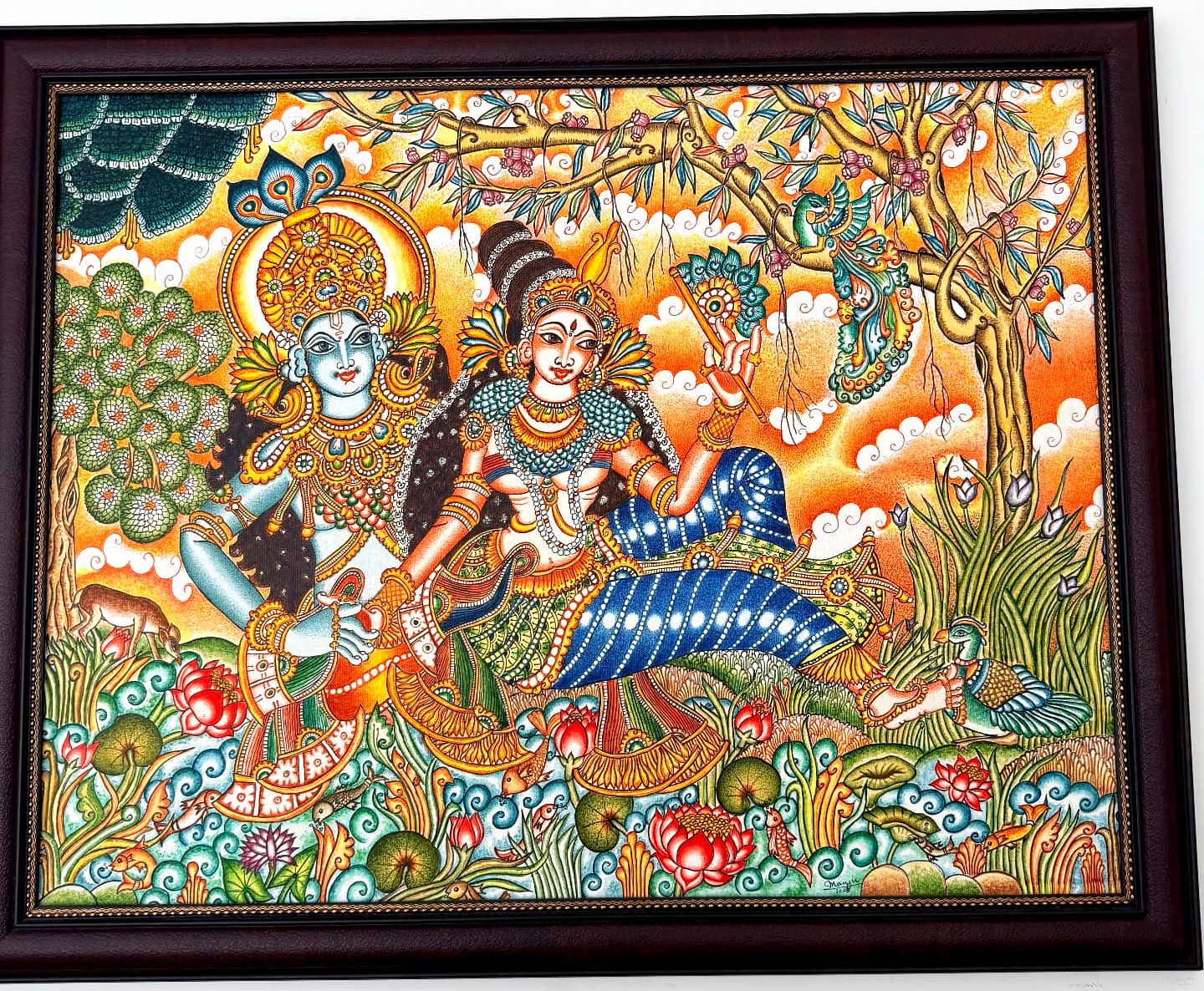 Sree Krishna and Radha by the Lotus Pond — Kerala mural painting by Dr. Manju P, studio video