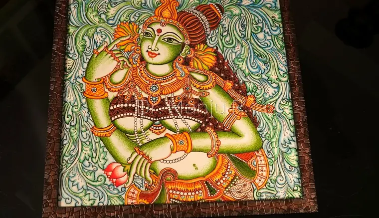 DEVI in the Vine Grove — Kerala mural painting on canvas by Dr. Manju P: The green goddess seated among flowering scrollwork