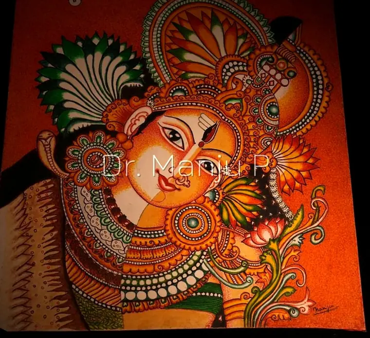 ARDHANAREESWARAN — Kerala mural detail: The stretched canvas seen whole, the vermilion ground running clear to the edges