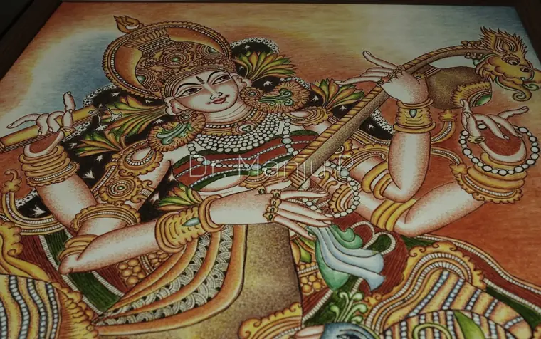 Saraswati on the Lotus — Kerala mural detail: Upper register — the crown, the lotus eye and the veena hand