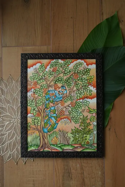 Peacock On the Flowering Tree — Kerala mural painting on canvas by Dr. Manju P: A small panel of the bird at rest among leaf-clusters and orange berries