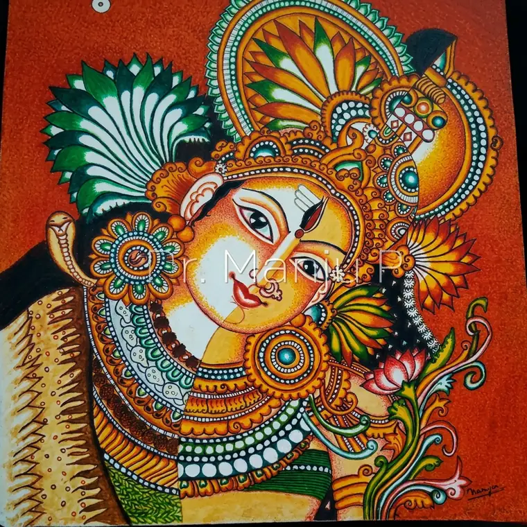 ARDHANAREESWARAN — Kerala mural painting on canvas by Dr. Manju P: A single face against the vermilion ground