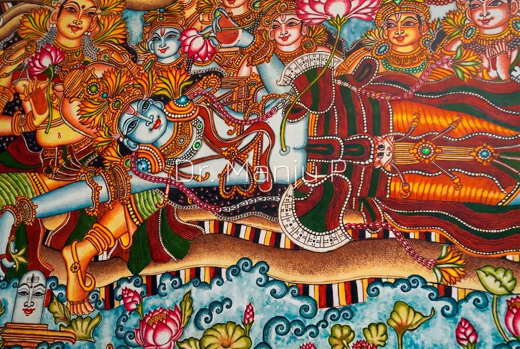 Anantasayanam — The Cosmic Repose — Kerala mural detail: Detail view