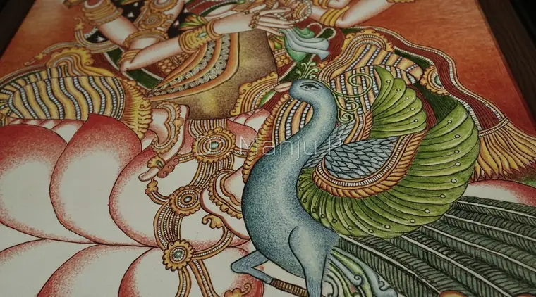 Saraswati on the Lotus — Kerala mural detail: Lower register — the peacock, the open lotus and the fanned tail