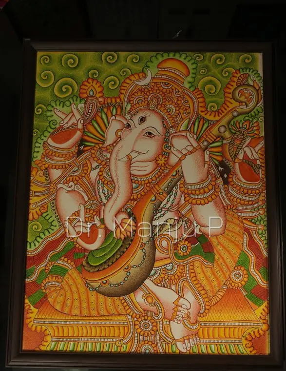 Ganapati — WITH VEENA IN HAND — Kerala mural painting on canvas by Dr. Manju P: Ganapati in mid-step, veena in hand, against a scrolling green ground