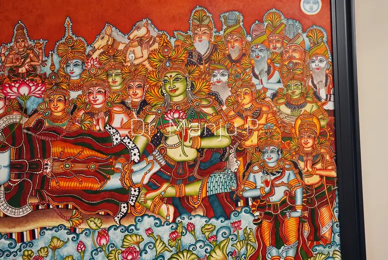Anantasayanam — The Cosmic Repose — Kerala mural detail: Right corner in high resolution —Bhoomi  Devi in green with a lotus in hand, the horses  and the bearded rishis beneath the moon disc