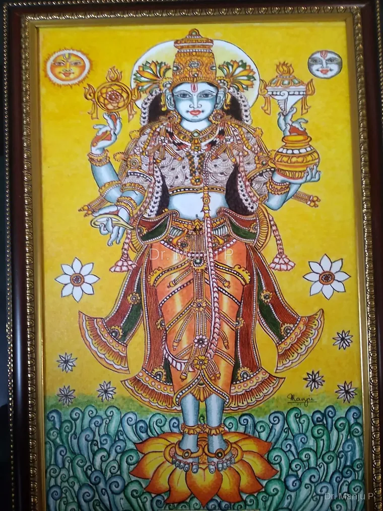 Lord Dhanvantari — Lord of Healing — Kerala mural painting on canvas by Dr. Manju P: The divine physician standing on a lotus above the curling ocean