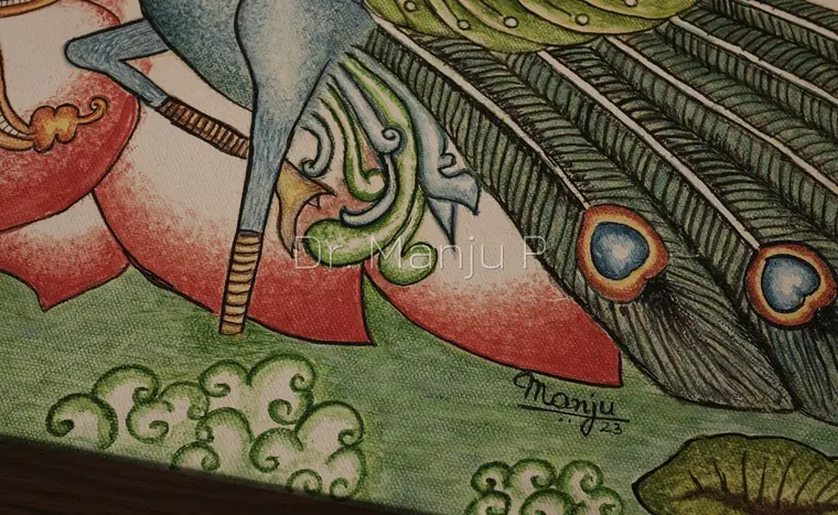 Saraswati on the Lotus — Kerala mural detail: Corner detail — curling green clouds, eyed plumes and the artist's signature, Manju '23