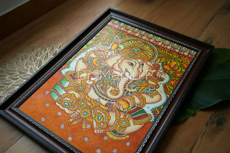 Ganapati  — Kerala mural detail: Deep angle across the surface — the raised stipple of the orange ground catches the light