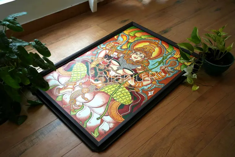 Devi with the Sugarcane Bow — Kerala mural detail: Seen at an angle on the floor — the raking light picks up the stipple across the vermilion ground