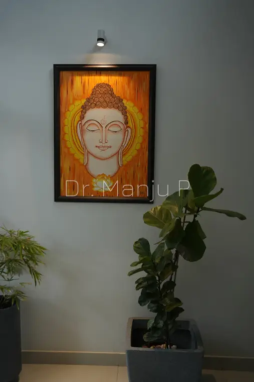 Buddha in the Golden Field — Kerala mural painting on canvas by Dr. Manju P: The closed-eyed face of the Awakened One above a single lotus flame
