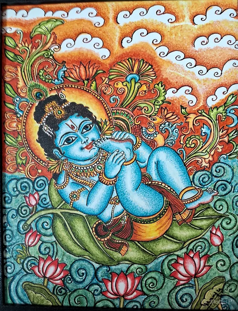 Aalila Sree Krishna (Baby Sree Krishna on the Leaf) — Kerala mural painting on canvas by Dr. Manju P: The divine child resting amid lotus flowers and curling waters